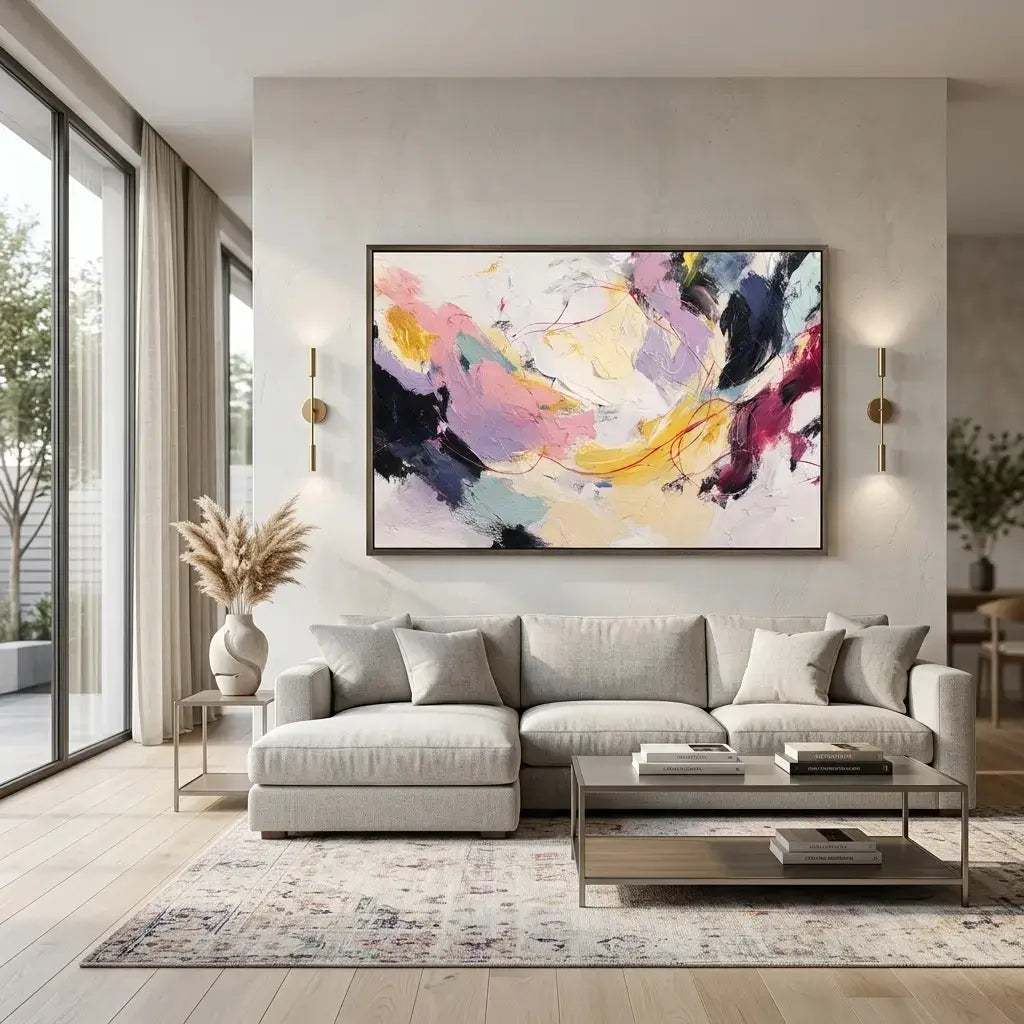 Modern living room with a gray sectional sofa, abstract painting, and decorative elements.