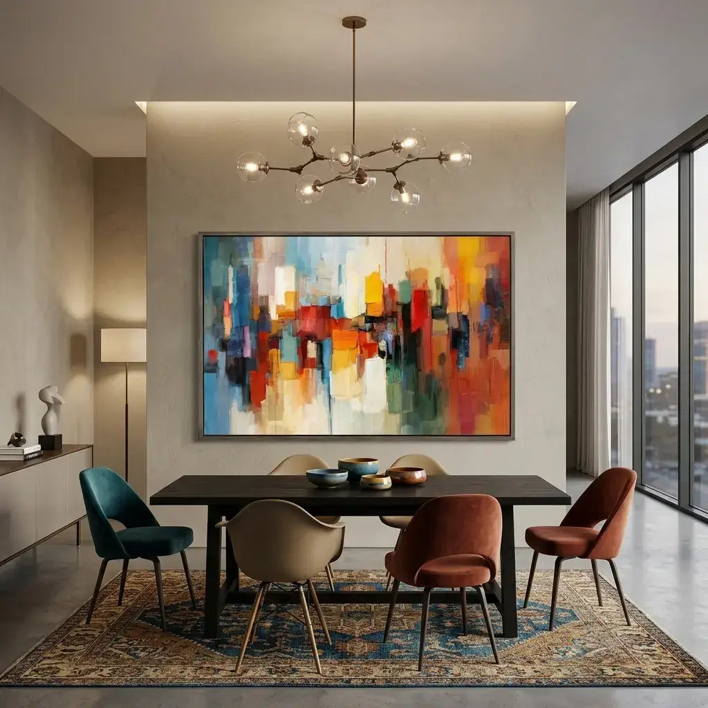 Modern dining room with a colorful abstract painting on the wall, a dark wooden table, and four chairs.