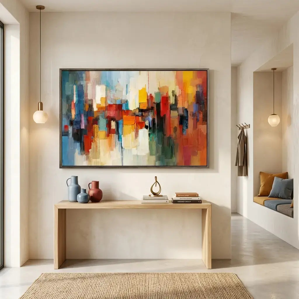 Modern interior with abstract art on the wall, a wooden console table, and decorative items.