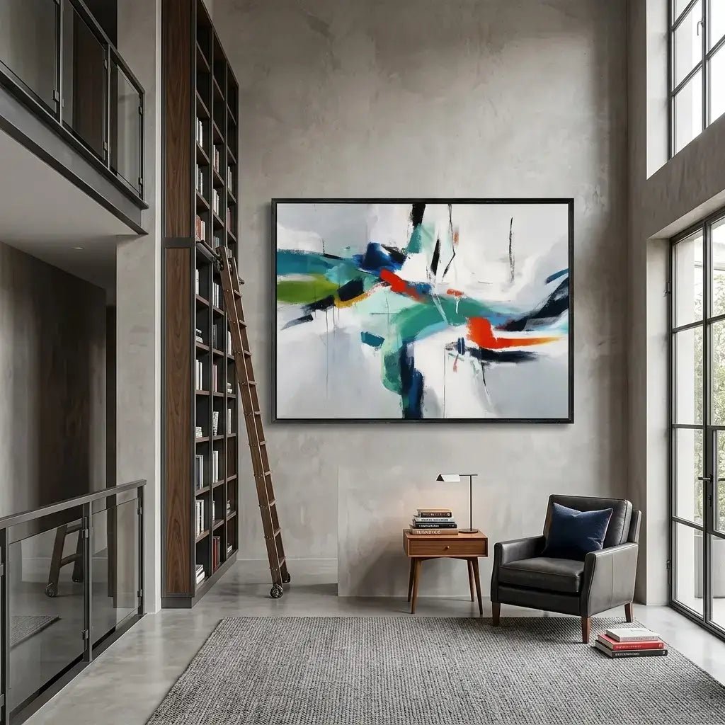 Modern interior with abstract painting on the wall, bookshelf, and armchair.