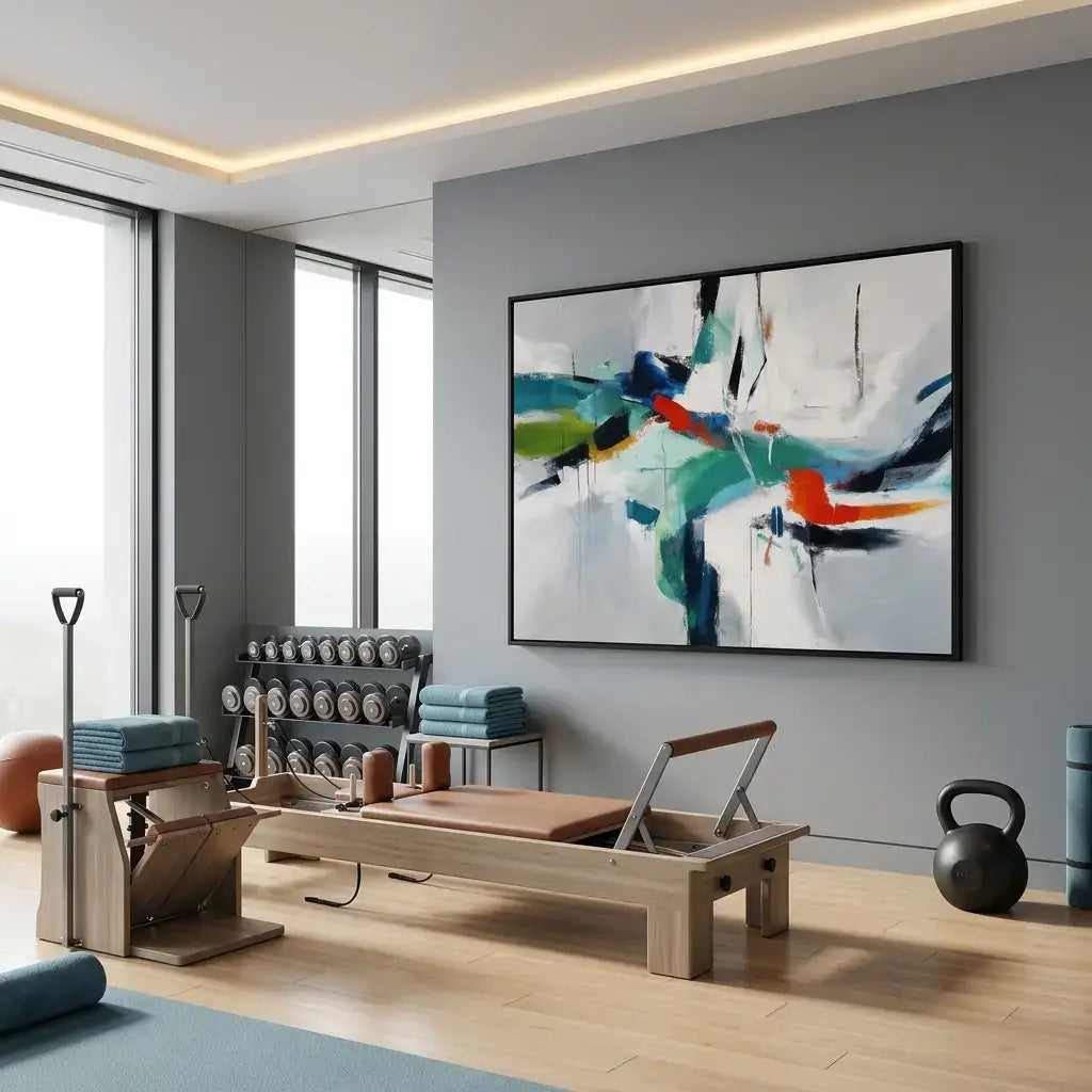 Modern home gym with reformer, weights, and abstract art on the wall.