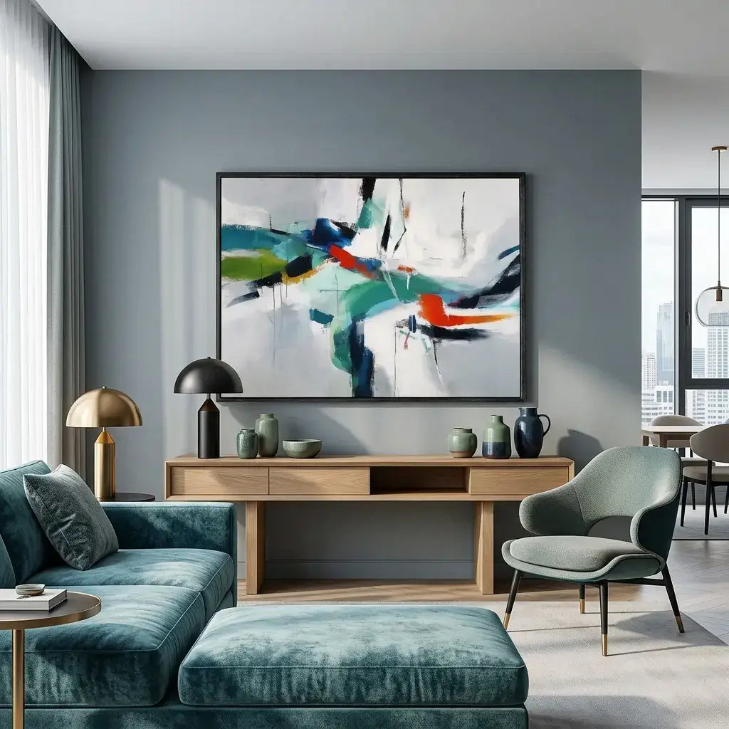 Modern living room with abstract art on the wall, teal sofa, and wooden coffee table.