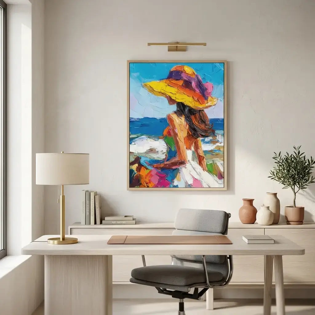 Modern office interior with a colorful painting of a woman in a hat on the wall.
