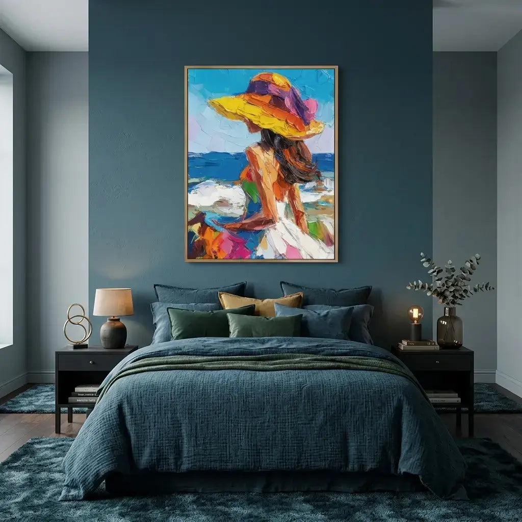 Colorful painting of a woman with a hat on a blue wall above a bed.
