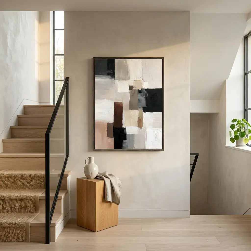 Staircase with abstract mirror and wooden side table in a modern interior.