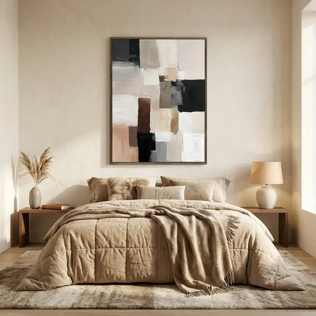 Neatly made bed with beige bedding in a bedroom setting, featuring abstract art on the wall.