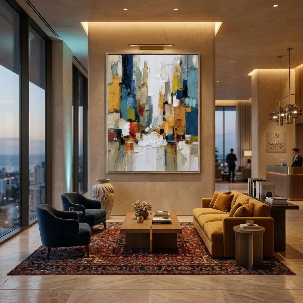 Modern living room with abstract art, furniture, and cityscape view.