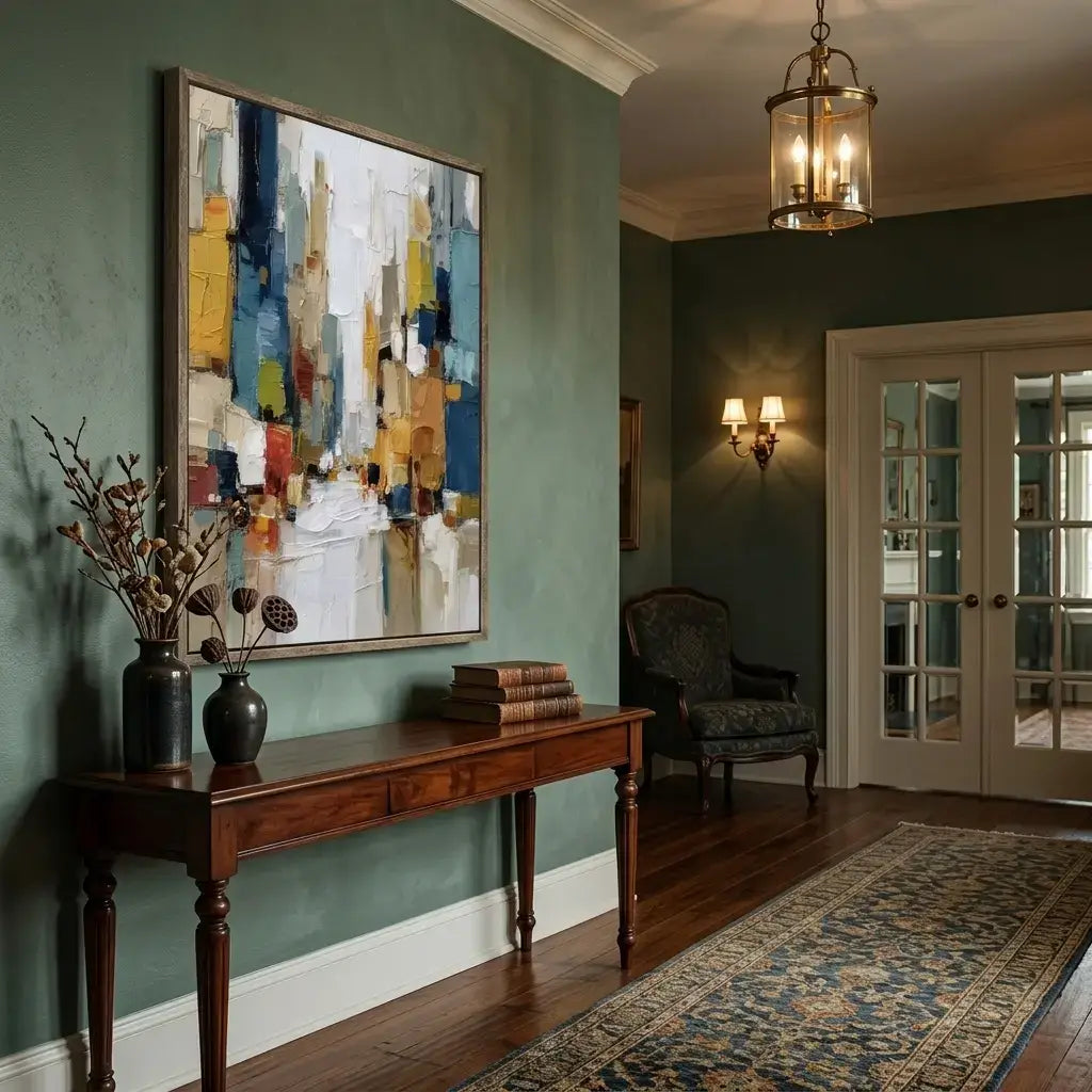 Foyer with abstract painting, console table, and armchair.