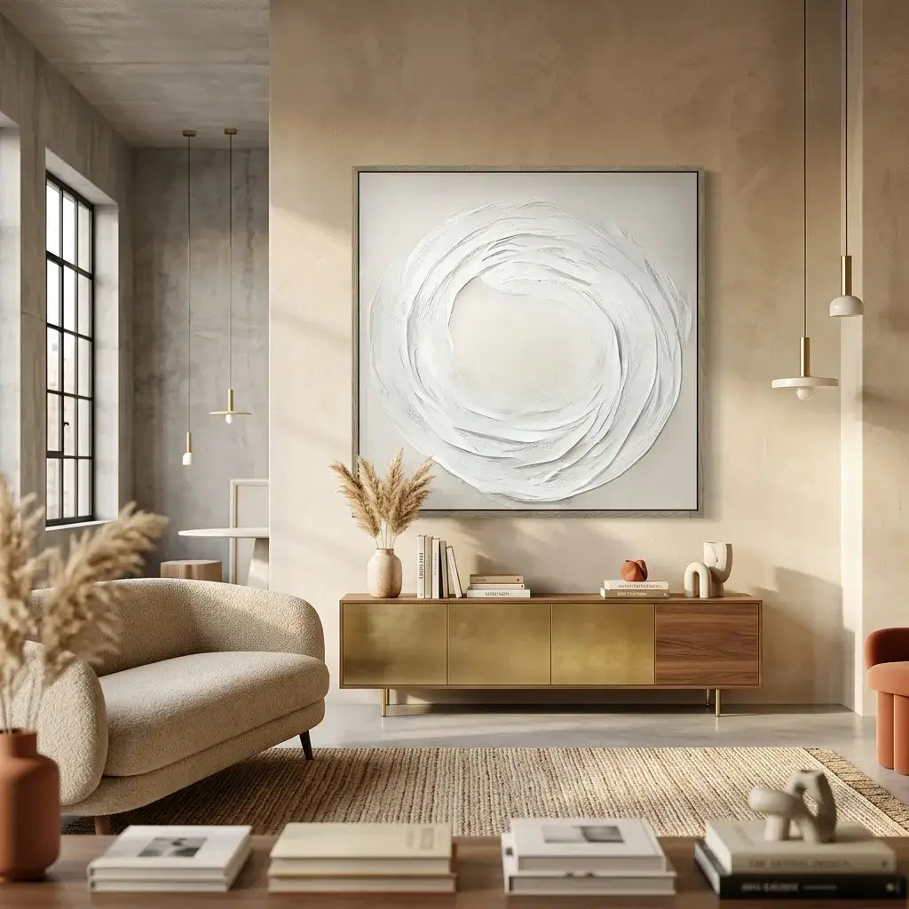 Modern living room with a gold console table, beige sofa, and abstract wall art.