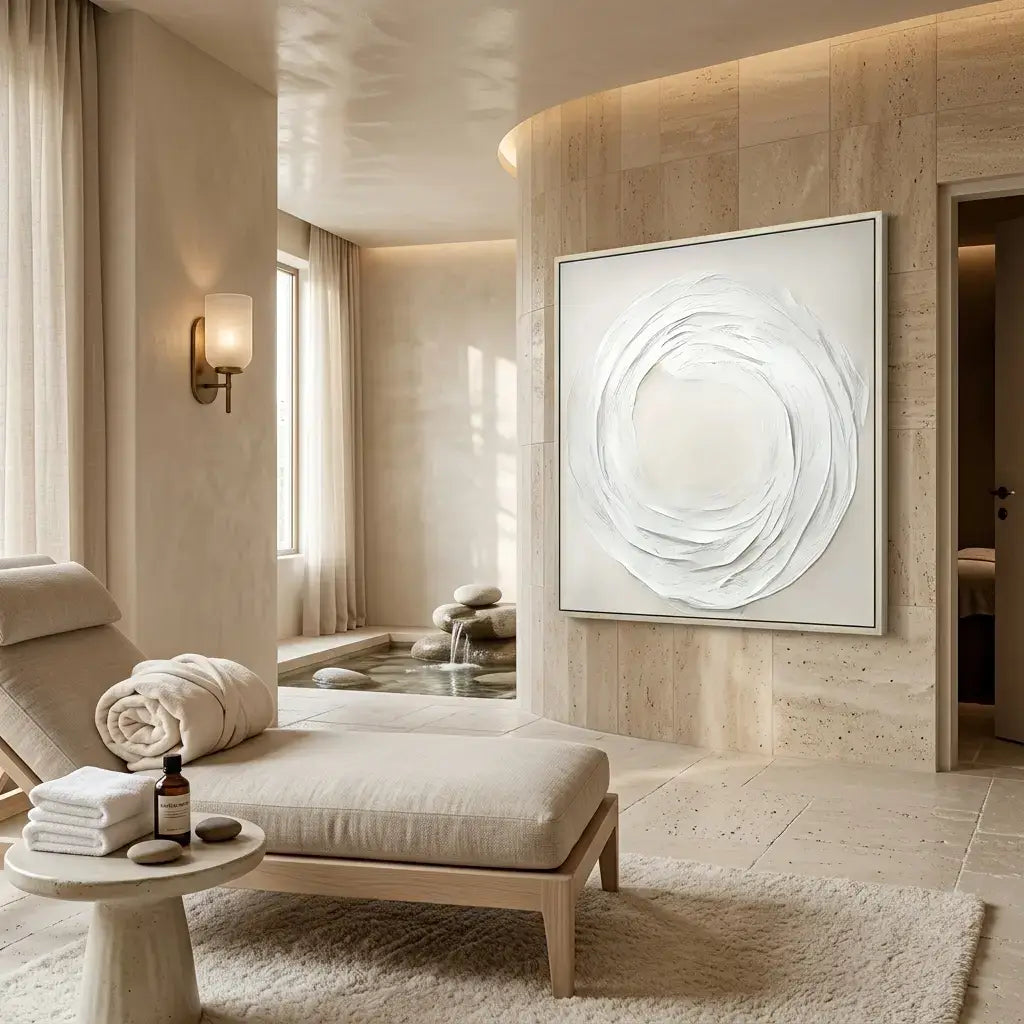 Modern spa interior with a lounge chair, towels, and a large abstract painting on the wall.