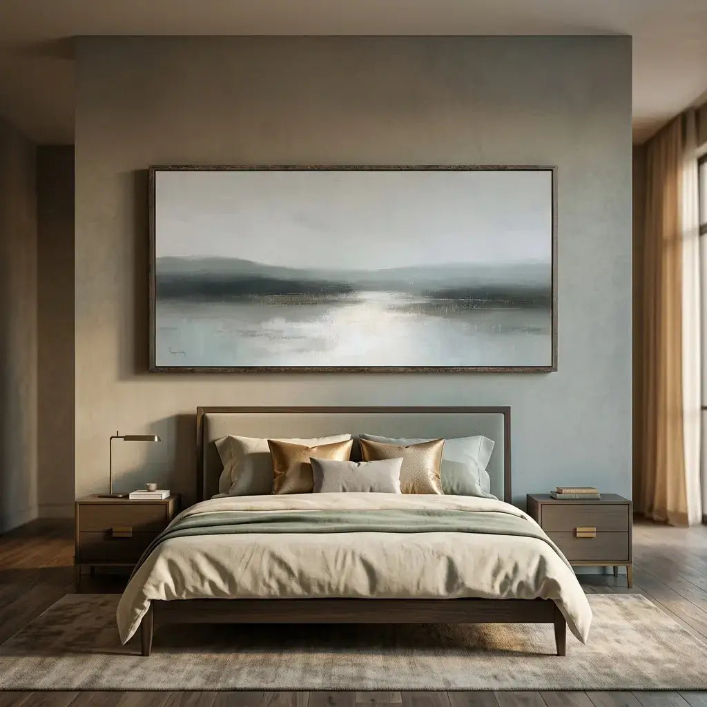 Misty Lake Shore Landscape Painting