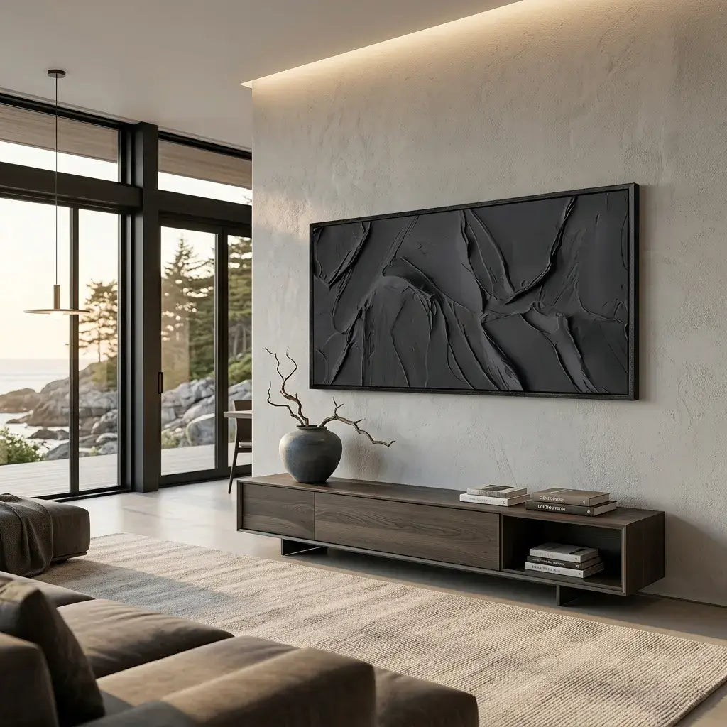 Modern living room with a large abstract painting on the wall