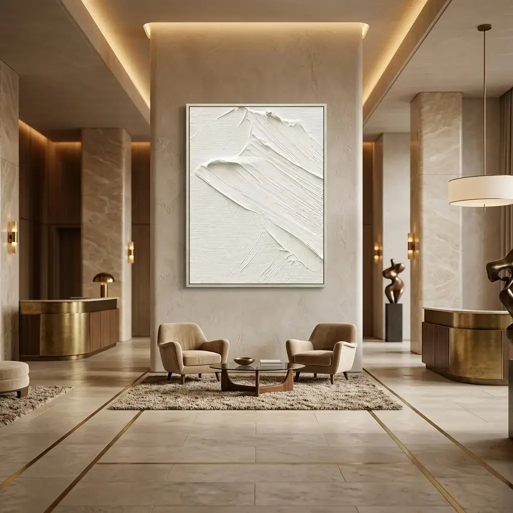 Luxurious interior design with abstract art, furniture, and lighting fixtures.