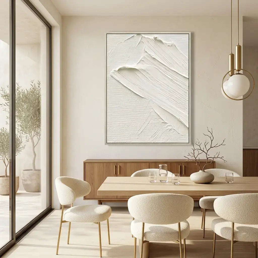 Modern dining room with abstract art on the wall and a wooden table.