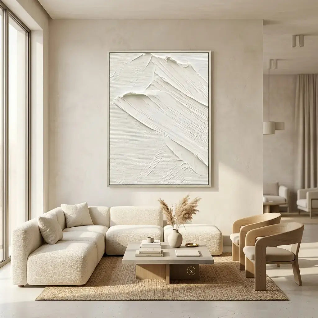 Modern living room with a beige sectional sofa, coffee table, and abstract artwork on the wall.