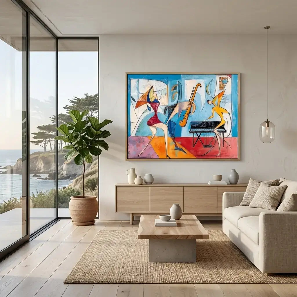 Modern living room with a large abstract painting on the wall, a sofa, coffee table, and decorative items.