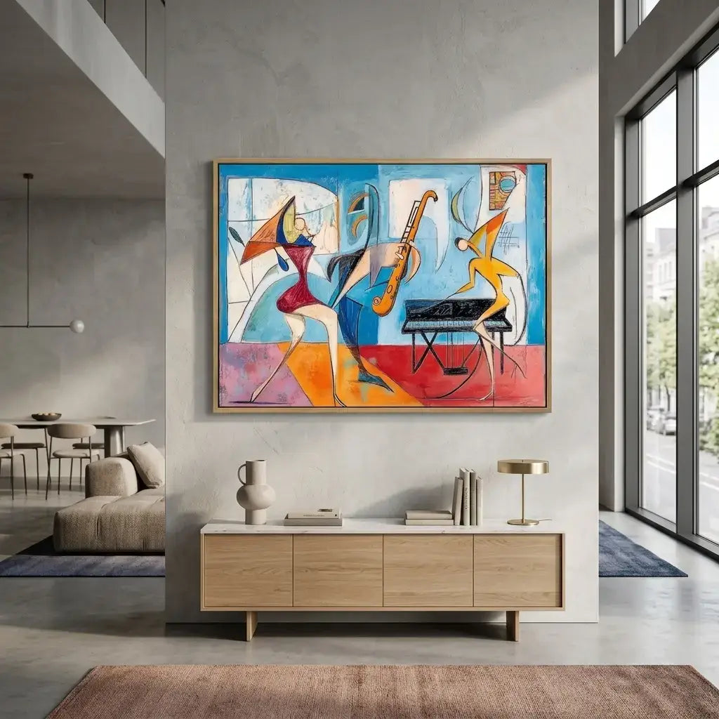 Modern living room with a colorful abstract painting on the wall