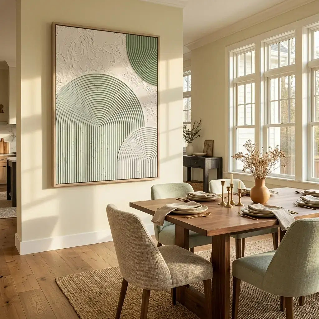 Dining room with wooden table, chairs, and abstract art on the wall.