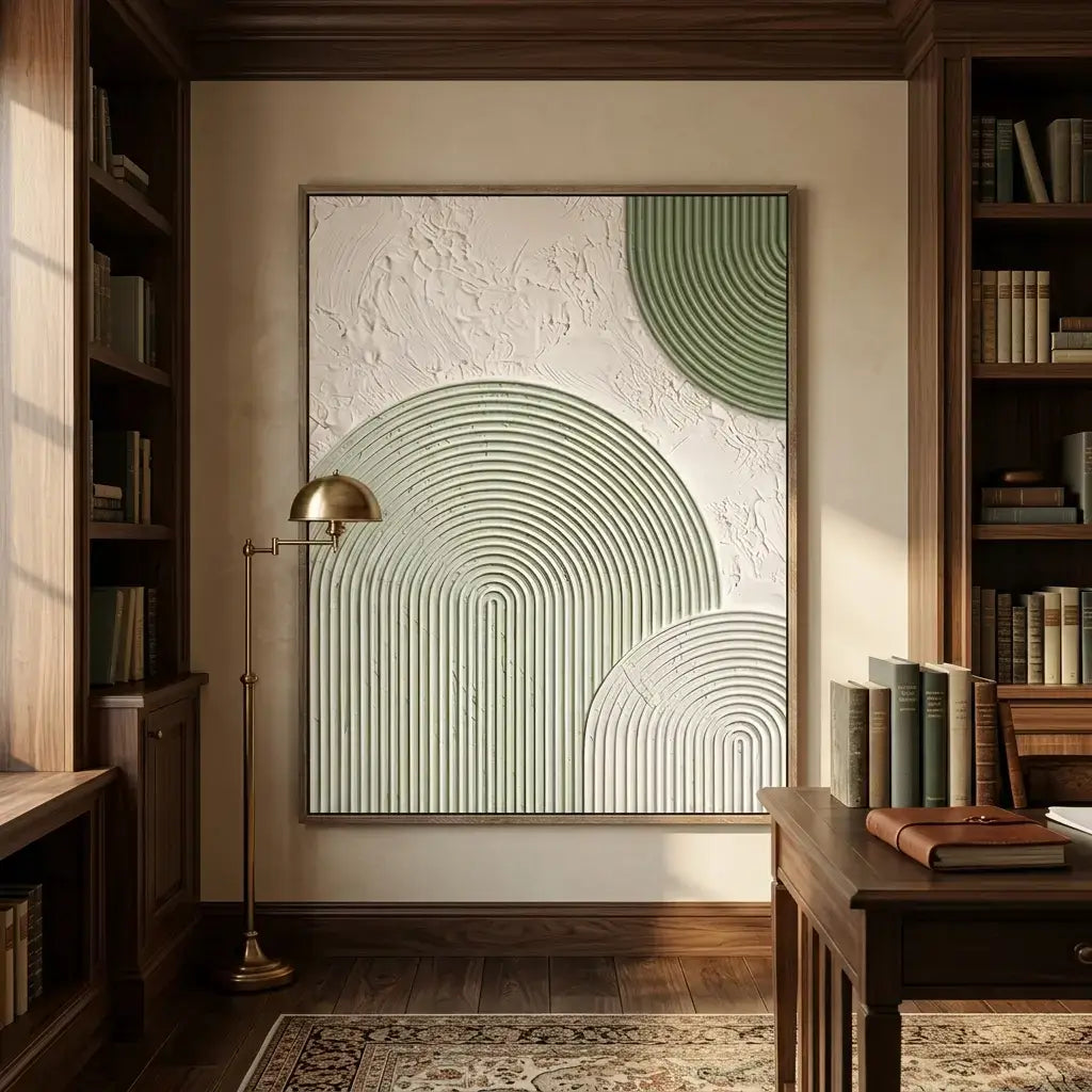 Abstract wall art in a room with bookshelves and a desk.