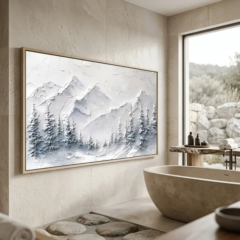 Modern bathroom with a large framed mountain landscape painting on the wall.