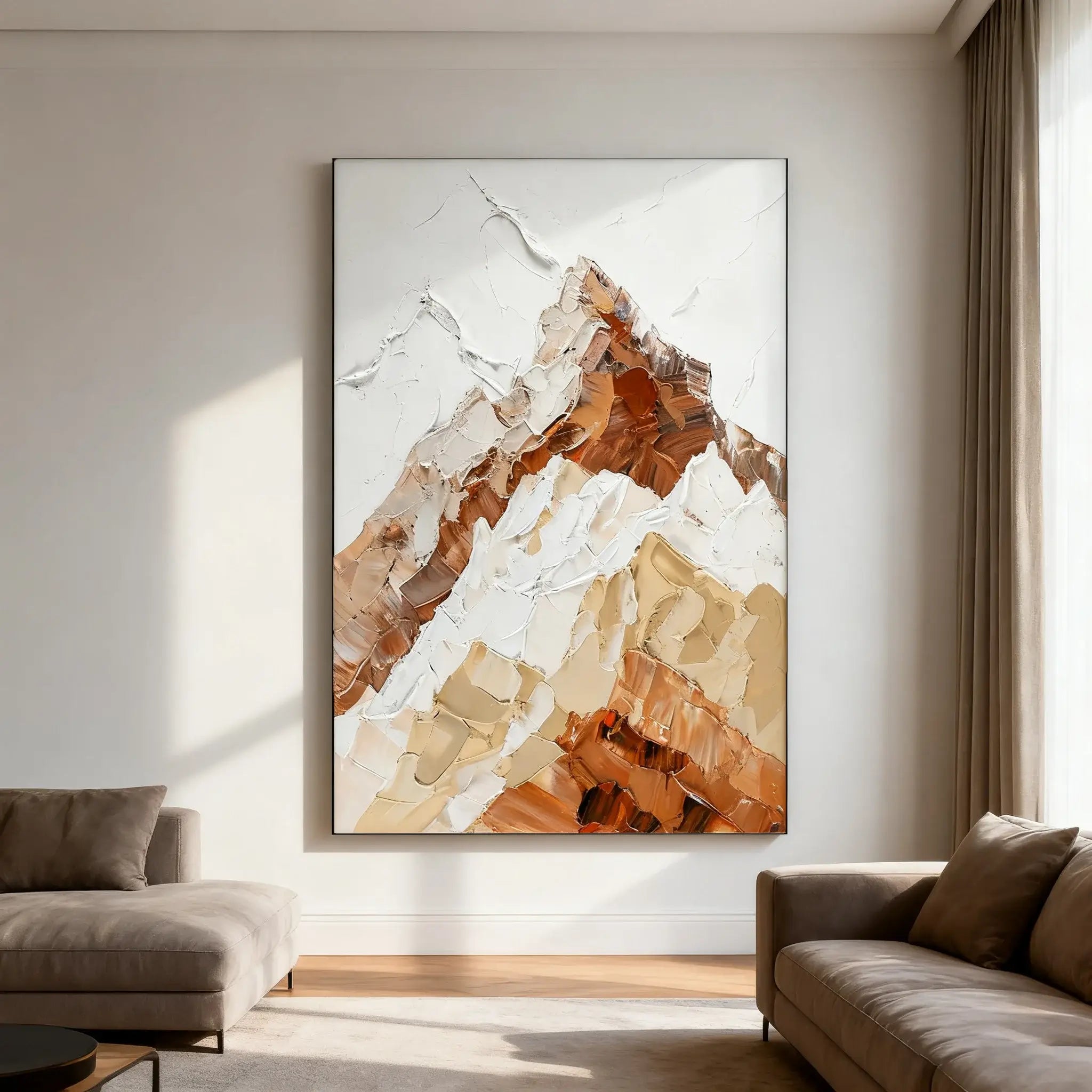 Abstract art piece in a modern living room setting