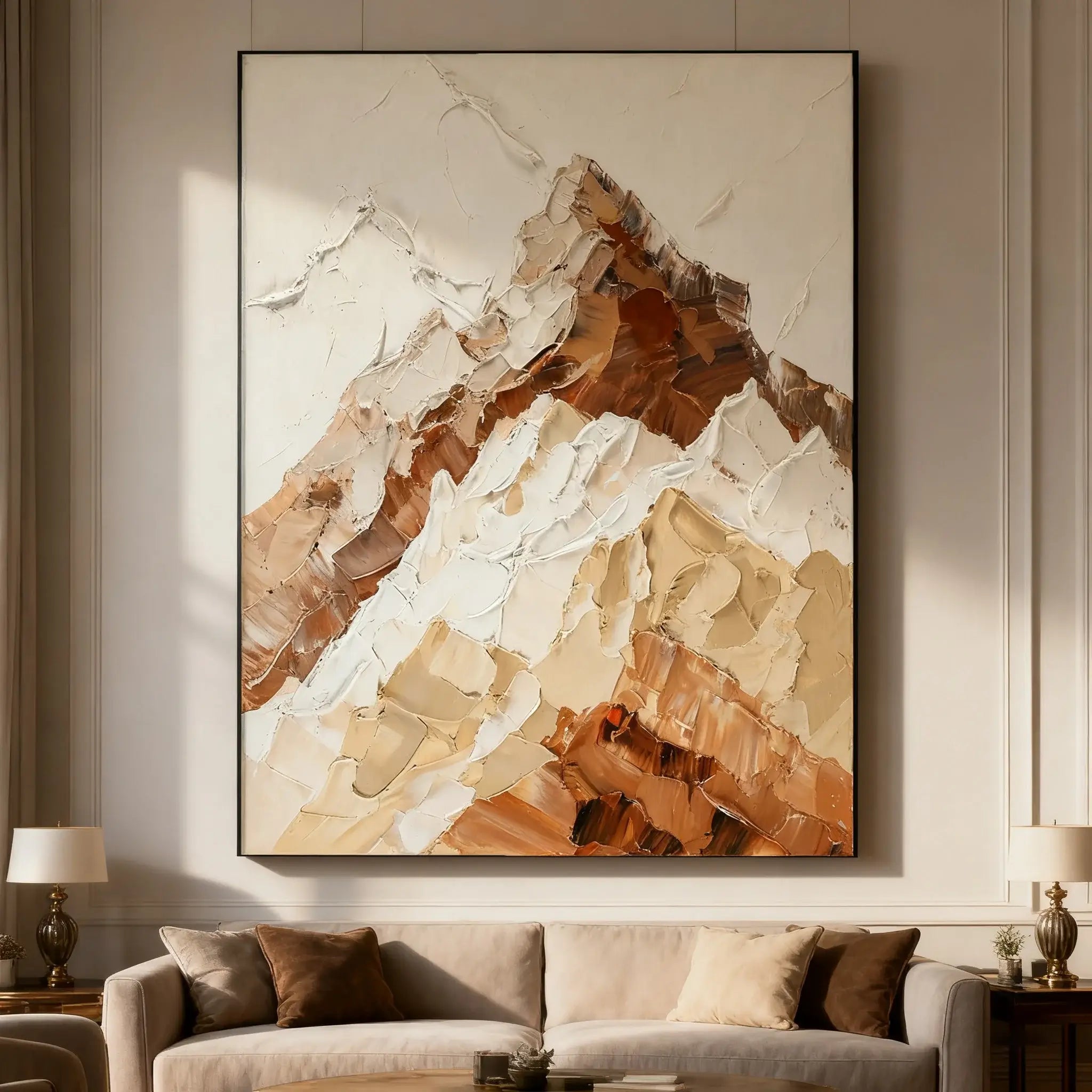 Abstract mountain painting in a living room setting
