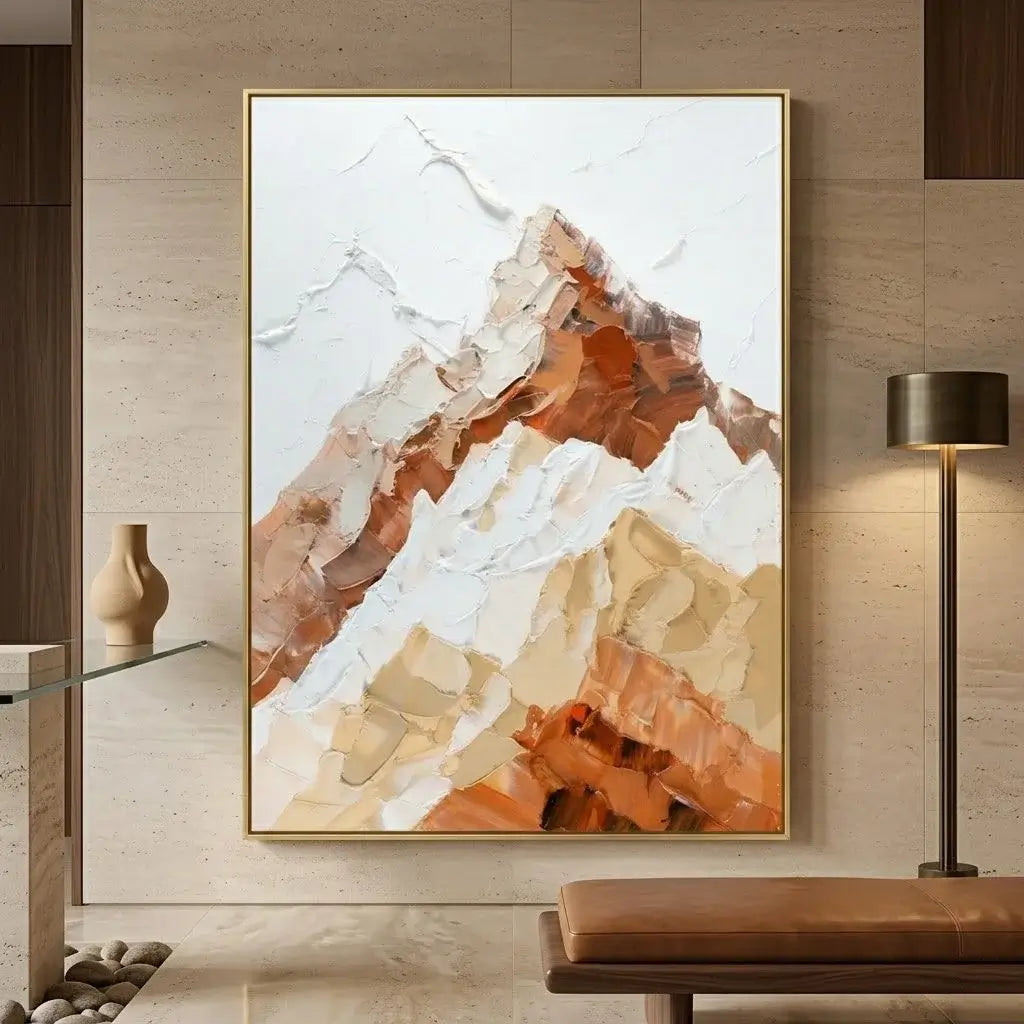 Abstract mountain painting in a living room setting