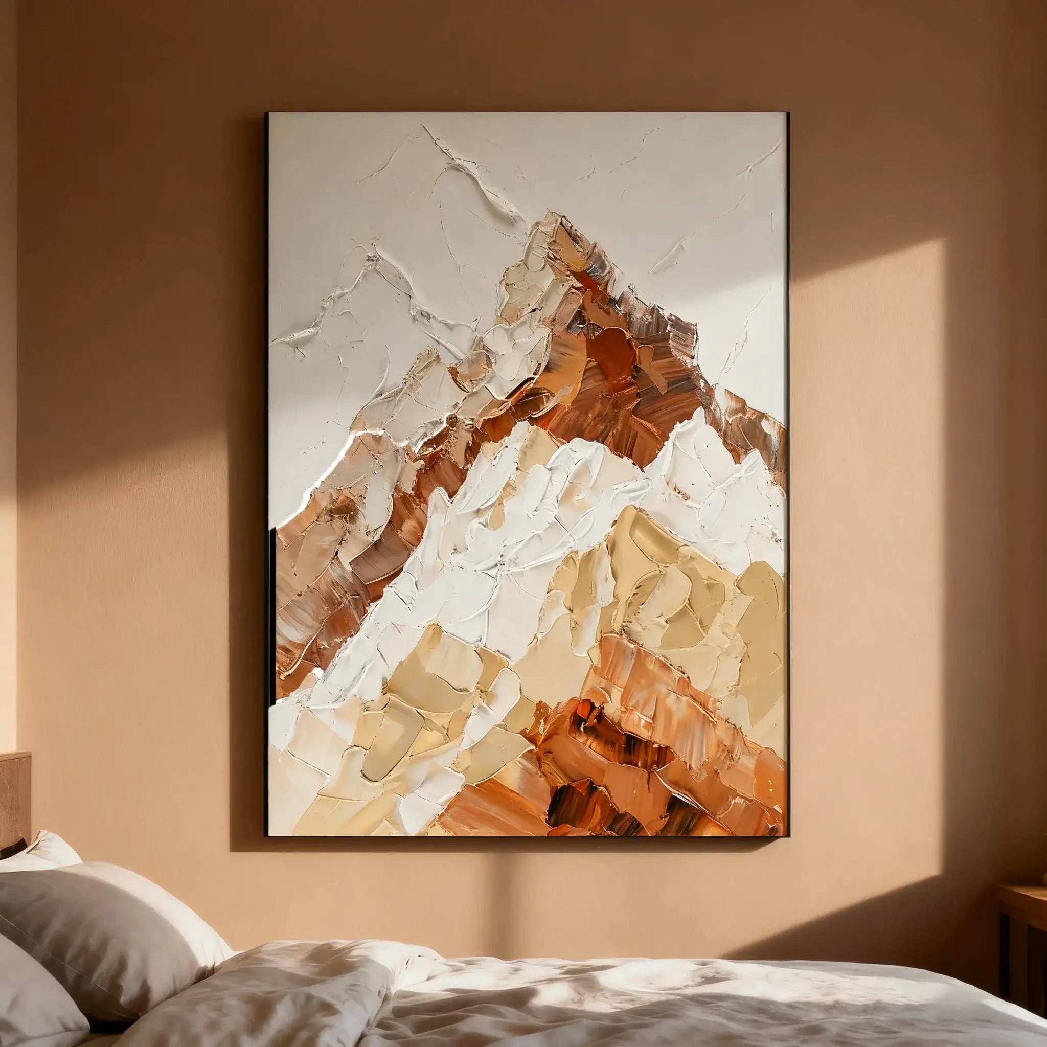 Abstract art piece on a wall in a bedroom setting