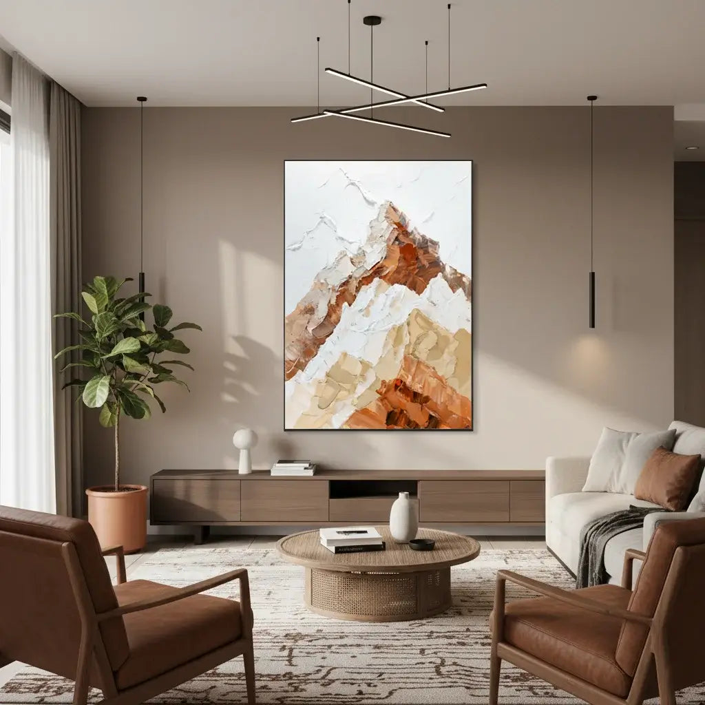 Modern living room with abstract art, furniture, and decor.