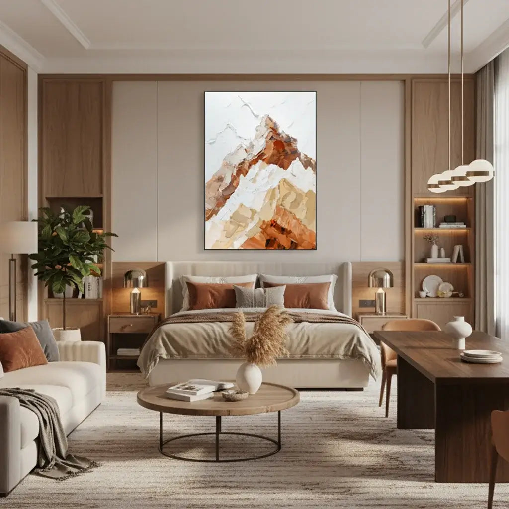 Modern bedroom with a large abstract painting on the wall, wooden furniture, and decor.