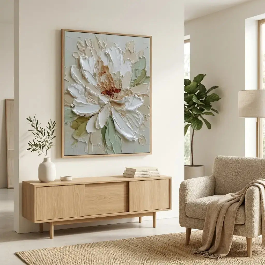 Living room with a large floral painting, wooden sideboard, and armchair.