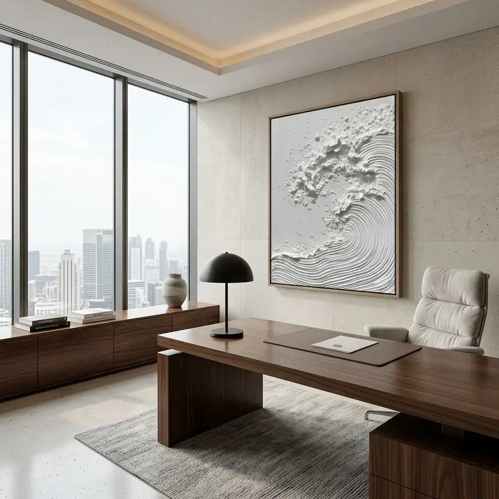 Modern office with a large desk, chair, and wall art.