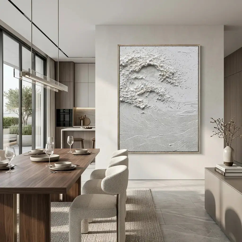 Modern dining room with wooden table, chairs, and abstract wall art.