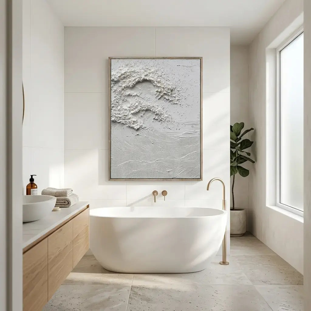 Modern bathroom with freestanding bathtub, sink, and abstract wall art.