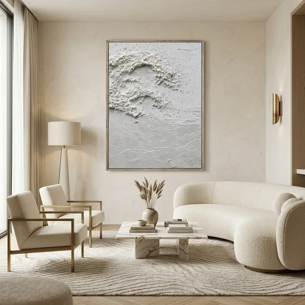 Modern living room with beige sofa, armchairs, and abstract artwork on the wall.