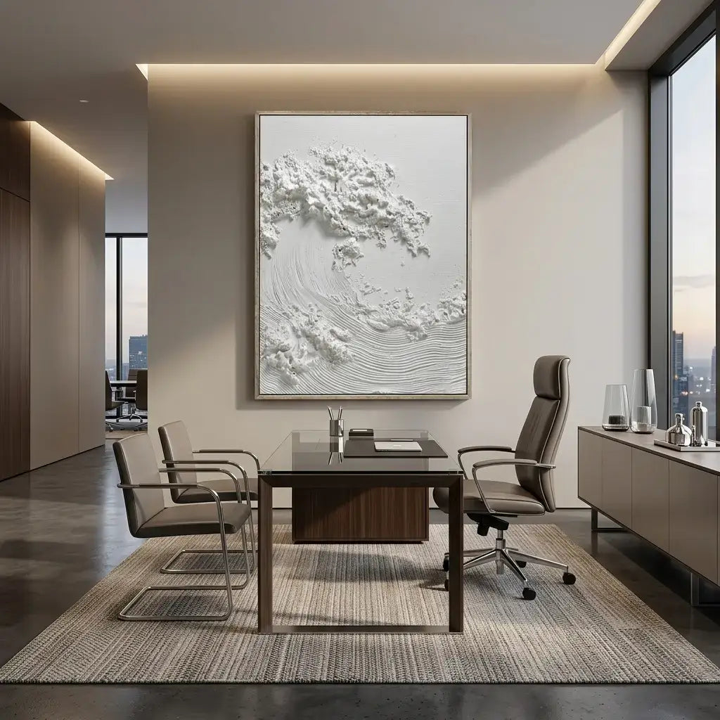 Modern office interior with a desk, chairs, and a large abstract painting on the wall.