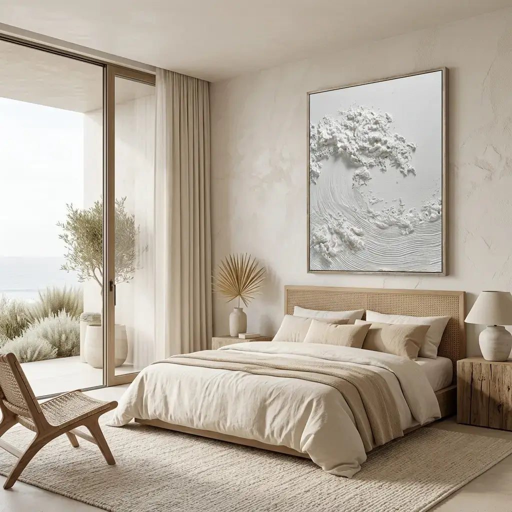 Modern bedroom with a bed, lamp, and decorative elements.