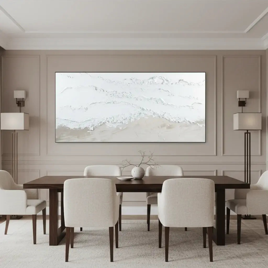 Dining room with a large abstract painting on the wall, wooden table, and chairs.