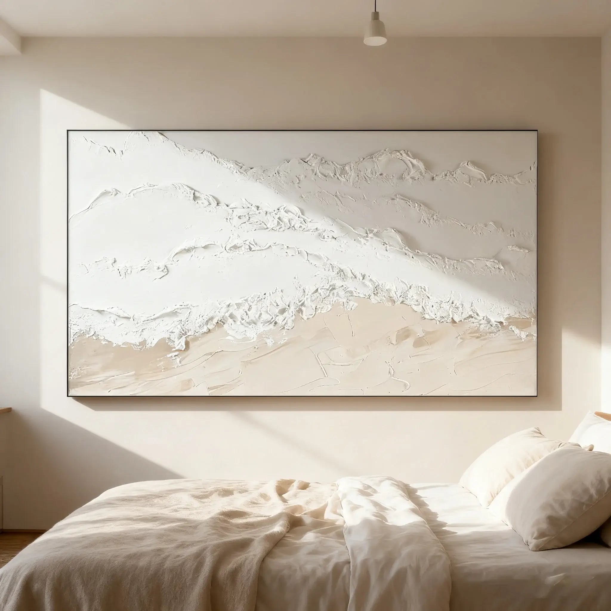 Abstract landscape painting in a neutral-toned room with a bed.