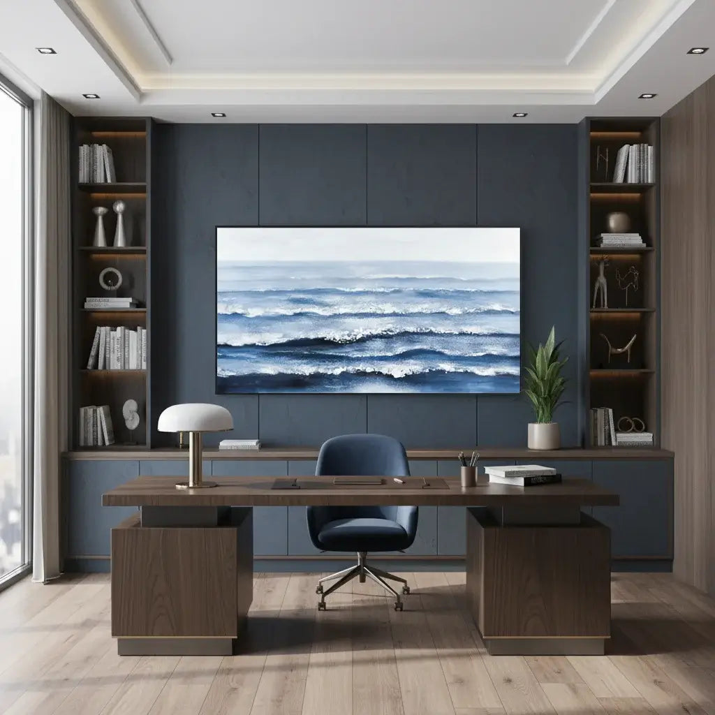 Modern office with a large desk, chair, and an oil painting of the ocean on the wall.