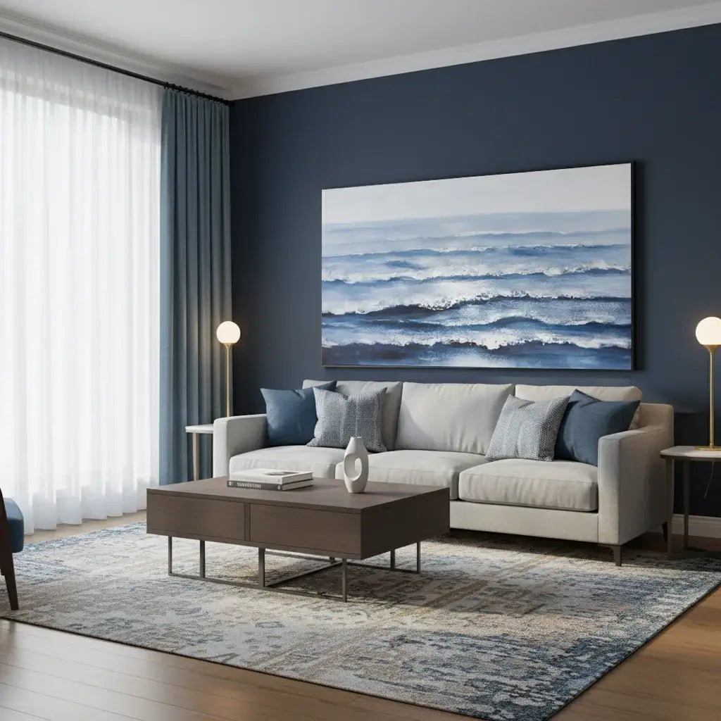 Modern living room with a gray sofa, coffee table, and large ocean painting on a dark blue wall.