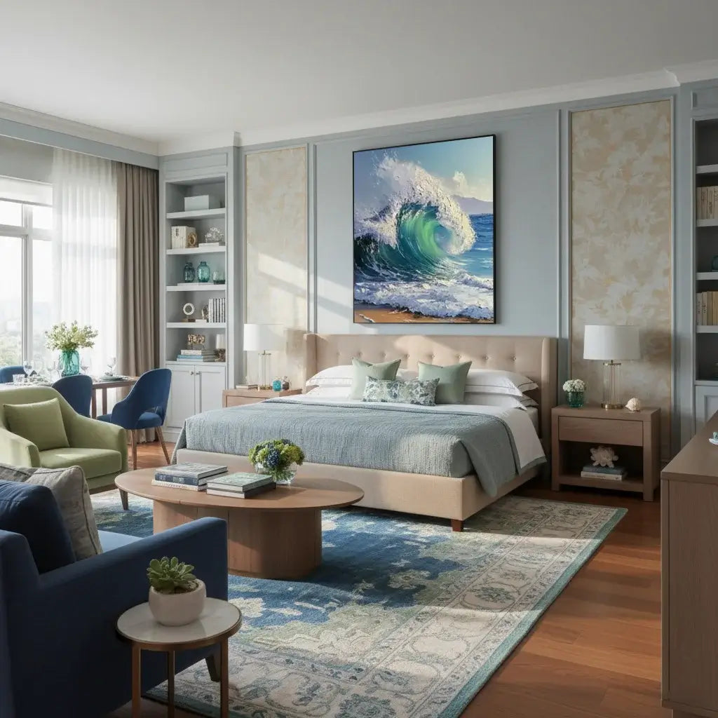 Modern bedroom with a large bed, seating area, and decorative elements.