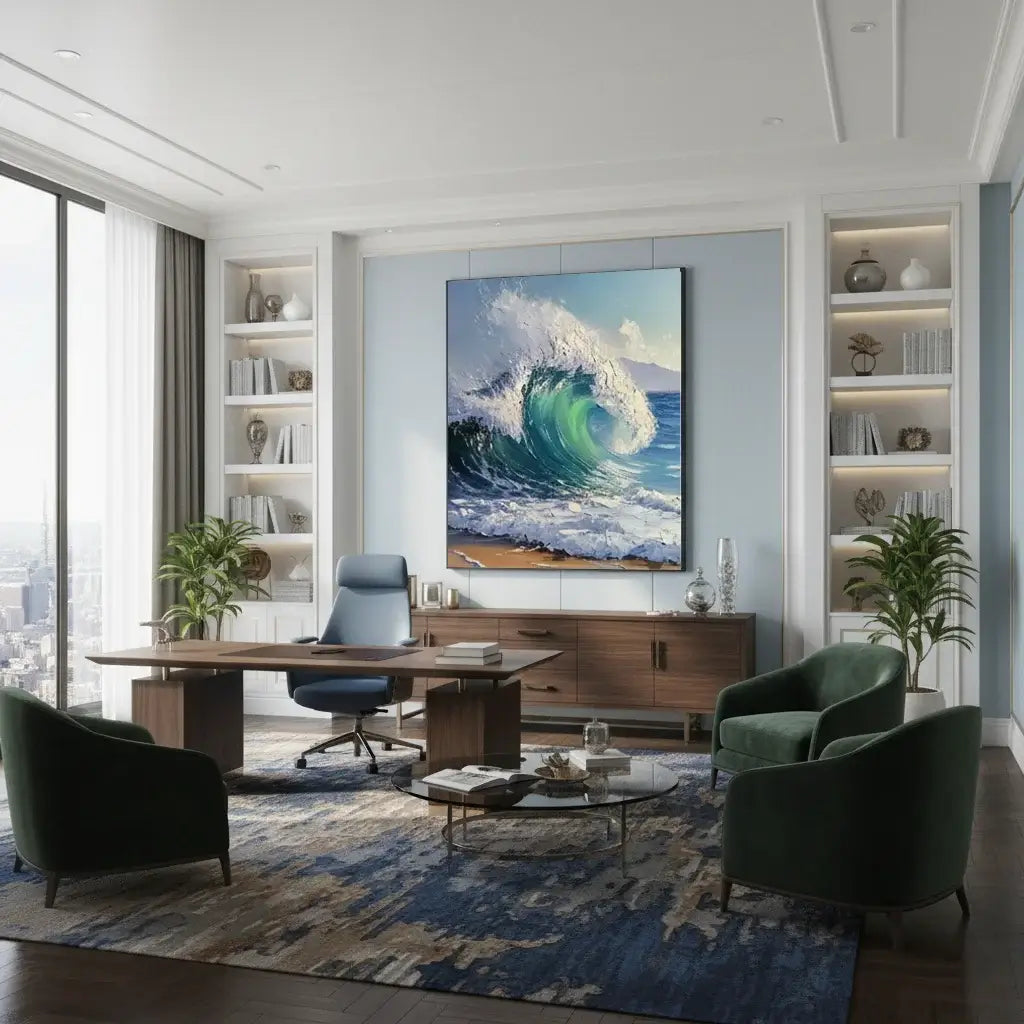 Modern office interior with a large ocean wave painting on the wall.