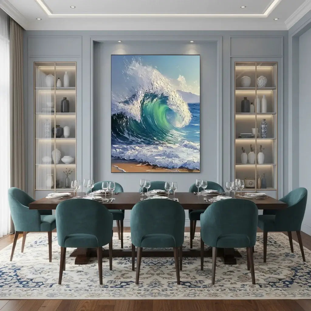 Dining room with teal chairs, a wooden table, and a large ocean wave painting on the wall.