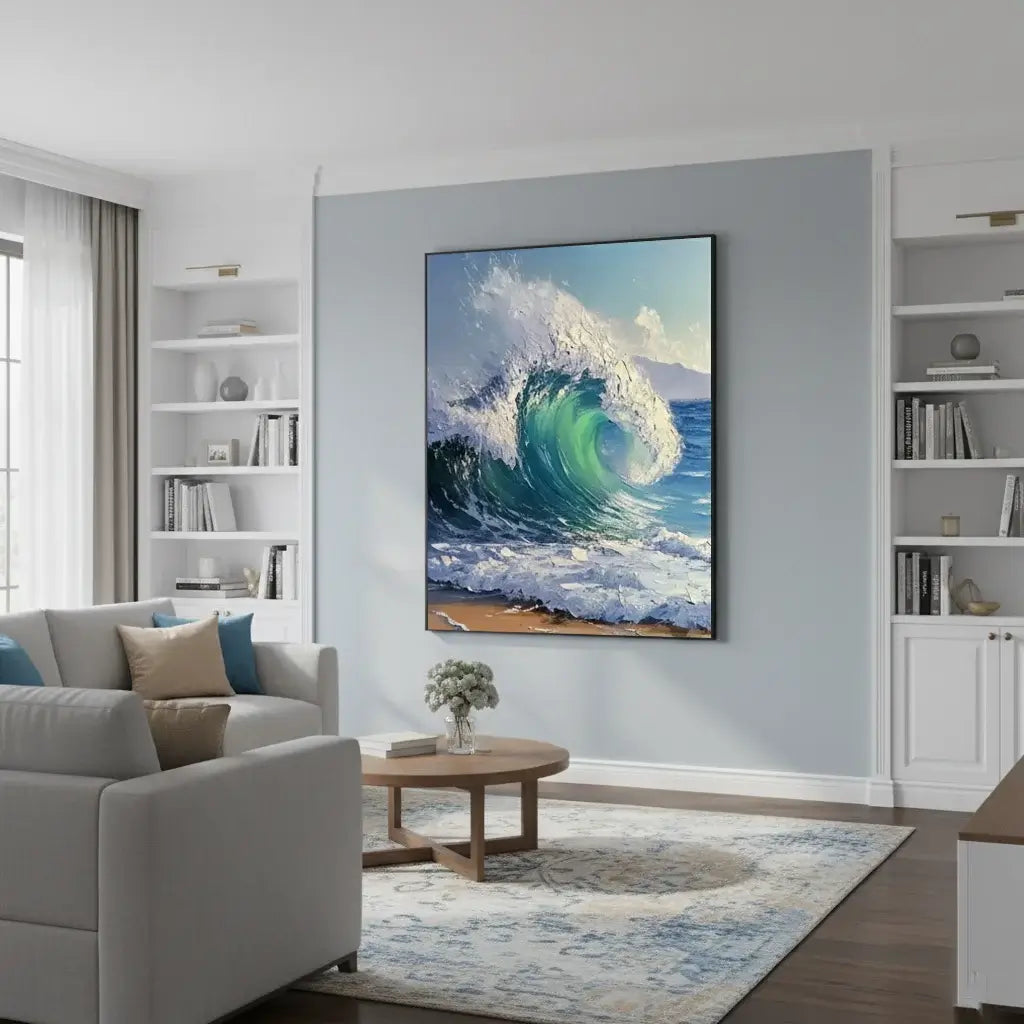 Living room with a large wall art of a wave, gray sofa, and bookshelves.
