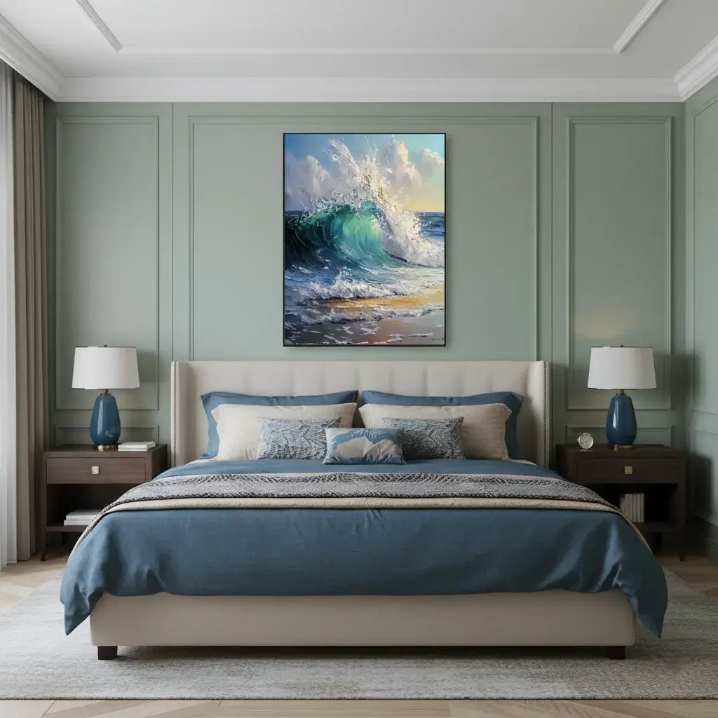 Modern bedroom with a bed, nightstands, and a large wall painting of a wave.