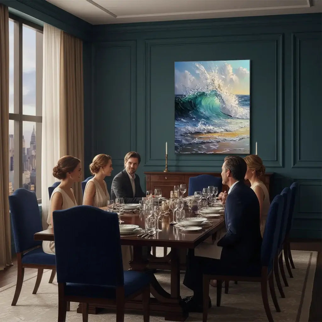 Dining room with people around a table, large window, and ocean painting on the wall.