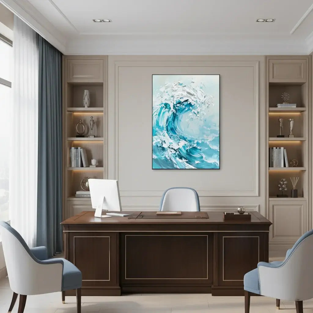 Modern office interior with a desk, chairs, and a large abstract painting of a wave on the wall.