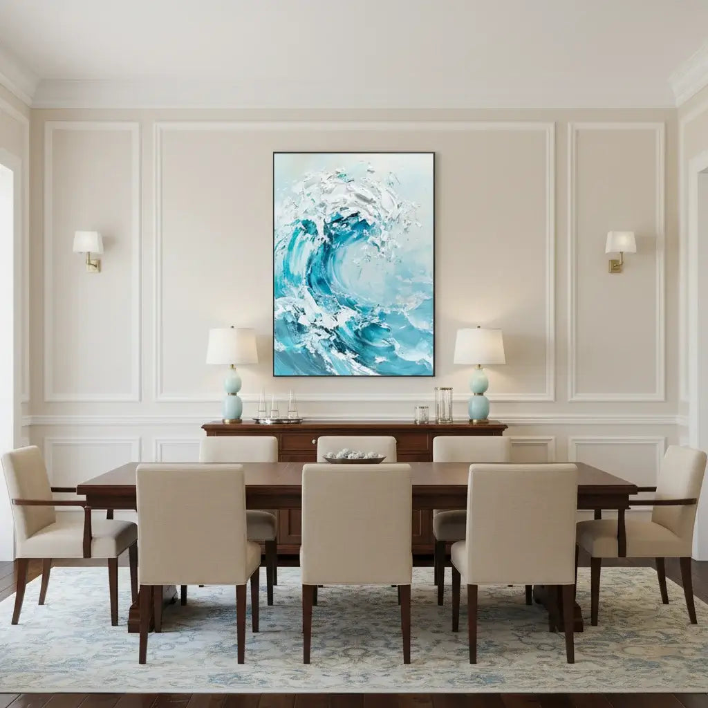 Dining room with a large abstract painting of a wave on the wall.