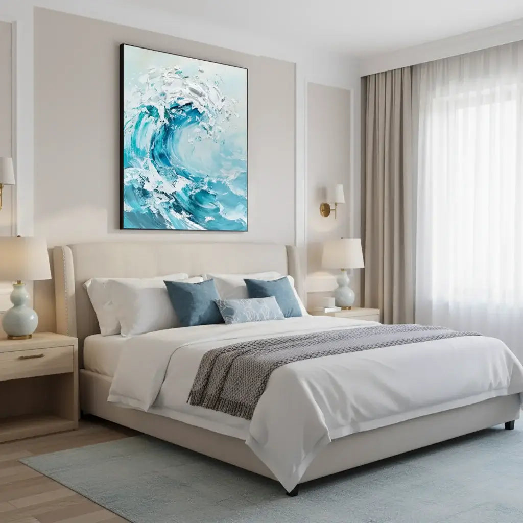 Modern bedroom with a bed, nightstands, and abstract wave painting on the wall.